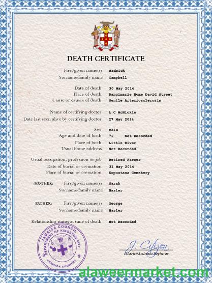 Jamaica death certificate PSD template